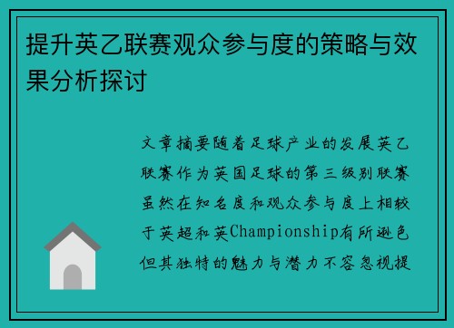 提升英乙联赛观众参与度的策略与效果分析探讨
