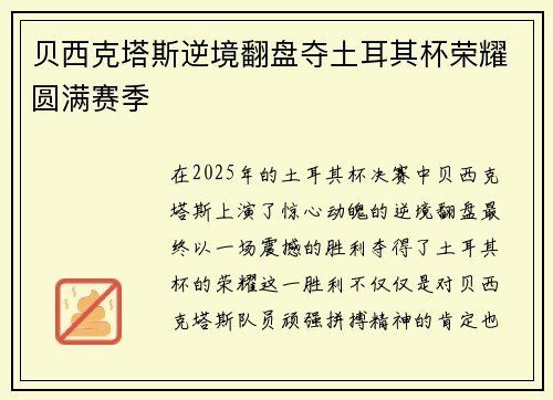 贝西克塔斯逆境翻盘夺土耳其杯荣耀圆满赛季 贝西克塔斯逆境翻盘夺土耳其杯荣耀圆满赛季